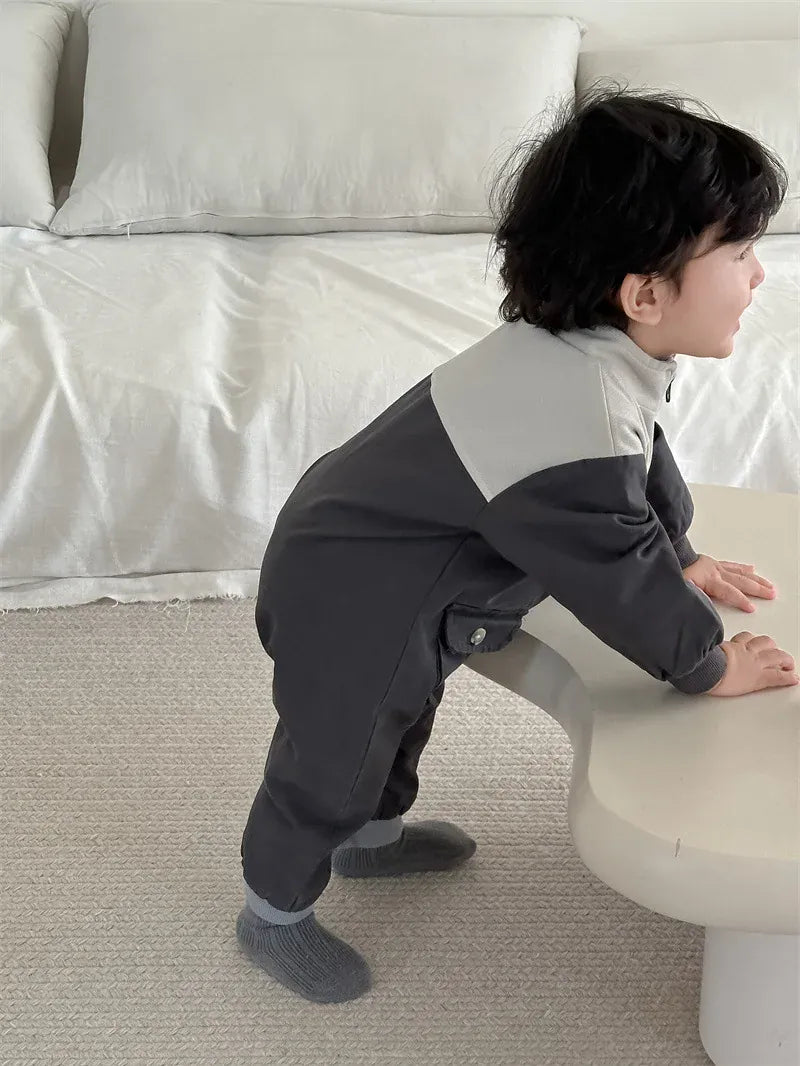 アウタージャンプスーツ ベビージャンプスーツ パッチワークスタンドカラージップアップ長袖ロンパース【mh0008270】