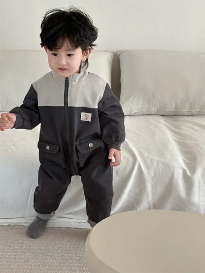 アウタージャンプスーツ ベビージャンプスーツ パッチワークスタンドカラージップアップ長袖ロンパース【mh0008270】