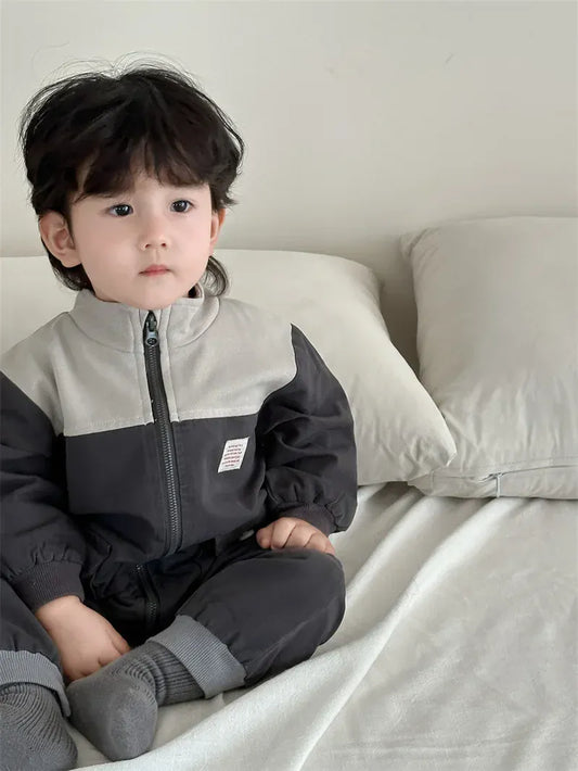 アウタージャンプスーツ ベビージャンプスーツ パッチワークスタンドカラージップアップ長袖ロンパース【mh0008270】