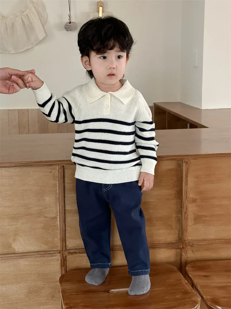 長袖セットアップ ベビートップス/パンツ ボーダーニット長袖ポロシャツ/シンプルデニムパンツジーンズ【mh0008313】