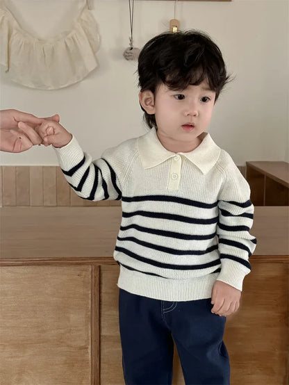 長袖セットアップ ベビートップス/パンツ ボーダーニット長袖ポロシャツ/シンプルデニムパンツジーンズ【mh0008313】