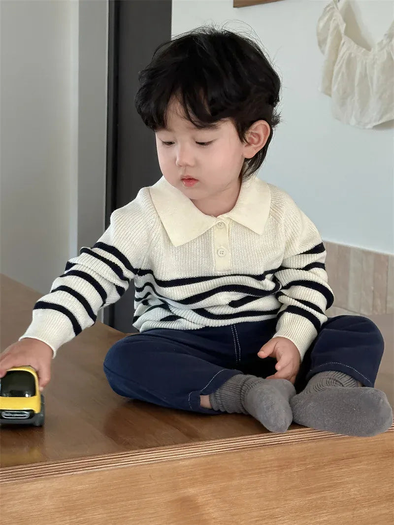 長袖セットアップ ベビートップス/パンツ ボーダーニット長袖ポロシャツ/シンプルデニムパンツジーンズ【mh0008313】