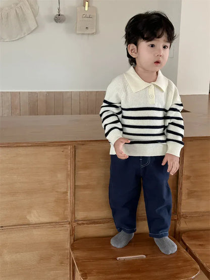 長袖セットアップ ベビートップス/パンツ ボーダーニット長袖ポロシャツ/シンプルデニムパンツジーンズ【mh0008313】