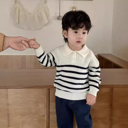 長袖セットアップ ベビートップス/パンツ ボーダーニット長袖ポロシャツ/シンプルデニムパンツジーンズ【mh0008313】