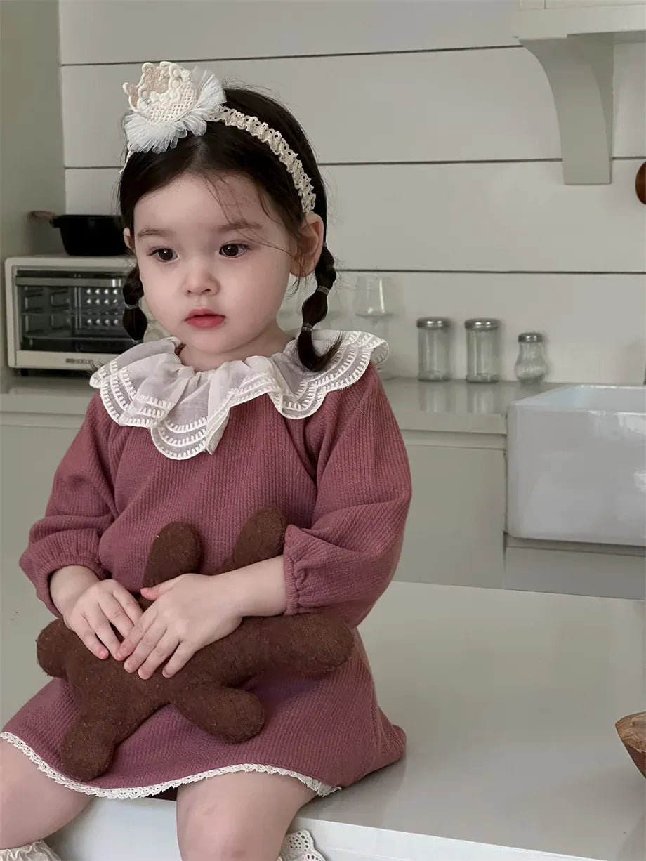 長袖ワンピース ベビーワンピース レースフリルラッフル襟ウェストマーク長袖ワンピース【mh0008334】