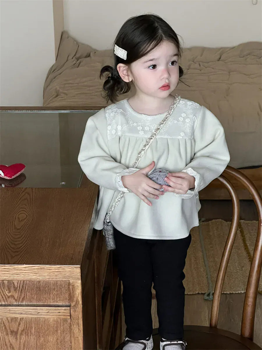 長袖シャツ・ブラウス キッズトップス レース刺繍フリース長袖チュニックブラウス【mh0008378】