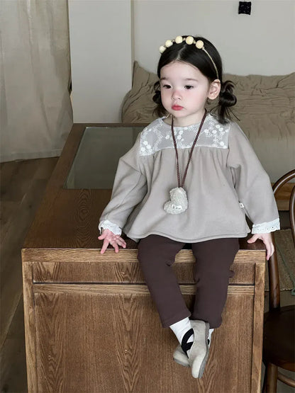 長袖シャツ・ブラウス キッズトップス レース刺繍フリース長袖チュニックブラウス【mh0008378】