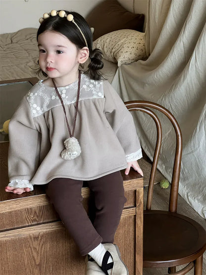 長袖シャツ・ブラウス キッズトップス レース刺繍フリース長袖チュニックブラウス【mh0008378】