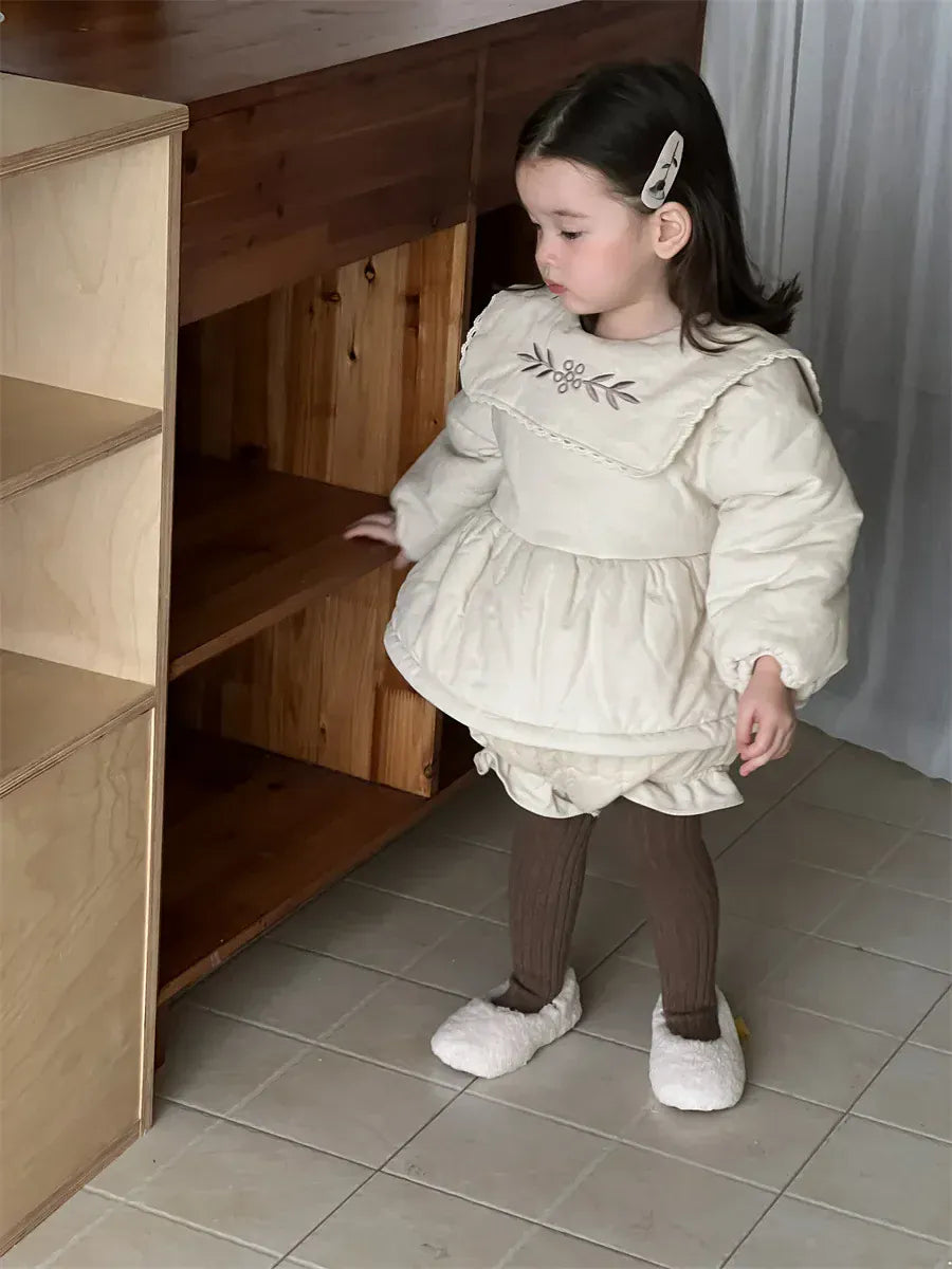 長袖セットアップ ベビーキッズトップス/パンツ フラワー刺繍ビッグ襟パデッドアウターチュニック/バルーンショートパンツ【mh0008415】