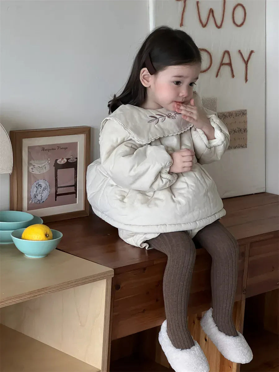 長袖セットアップ ベビーキッズトップス/パンツ フラワー刺繍ビッグ襟パデッドアウターチュニック/バルーンショートパンツ【mh0008415】