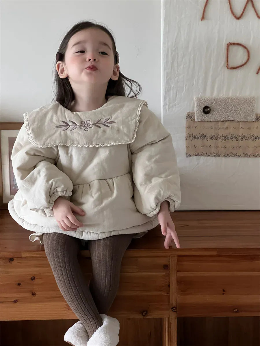 長袖セットアップ ベビーキッズトップス/パンツ フラワー刺繍ビッグ襟パデッドアウターチュニック/バルーンショートパンツ【mh0008415】