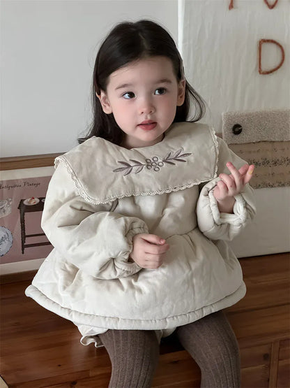 長袖セットアップ ベビーキッズトップス/パンツ フラワー刺繍ビッグ襟パデッドアウターチュニック/バルーンショートパンツ【mh0008415】