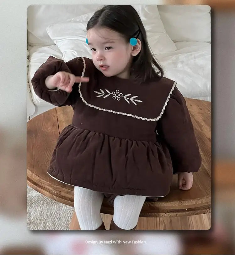 長袖セットアップ ベビーキッズトップス/パンツ フラワー刺繍ビッグ襟パデッドアウターチュニック/バルーンショートパンツ【mh0008415】