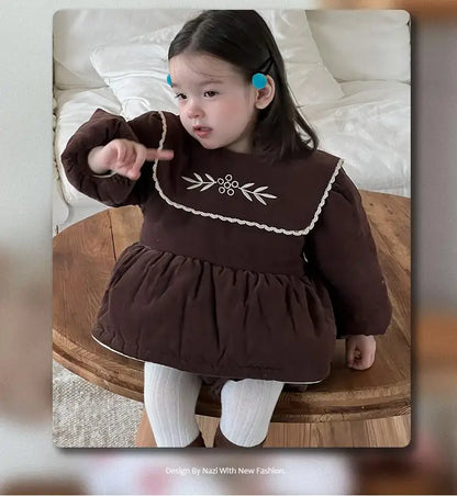 長袖セットアップ ベビーキッズトップス/パンツ フラワー刺繍ビッグ襟パデッドアウターチュニック/バルーンショートパンツ【mh0008415】