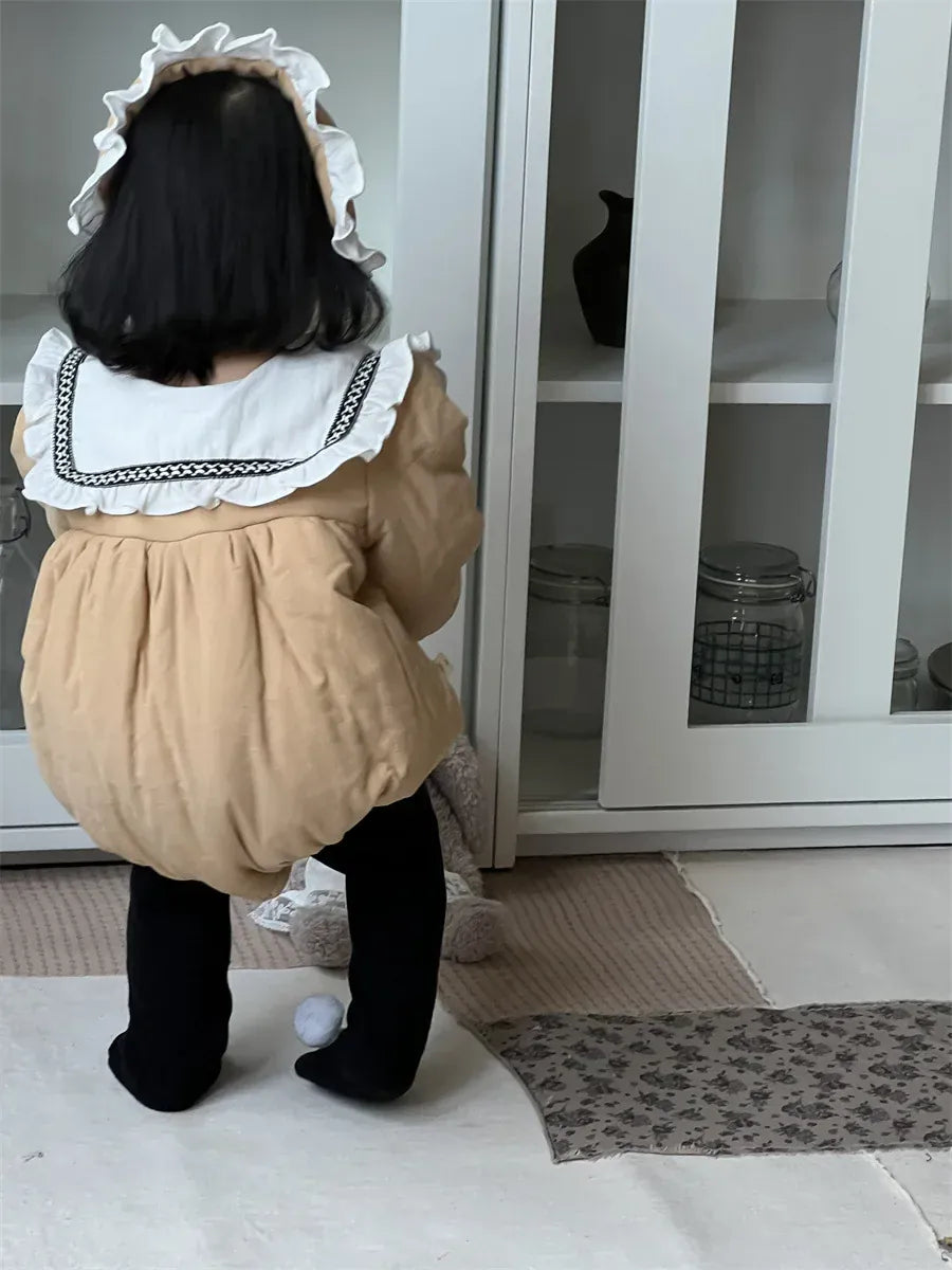 長袖ロンパース ベビーロンパース ビッグフリル襟パデッド長袖ボディスーツ+フリルヘッドドレス【mh0008416】