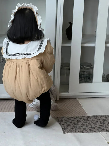 長袖ロンパース ベビーロンパース ビッグフリル襟パデッド長袖ボディスーツ+フリルヘッドドレス【mh0008416】