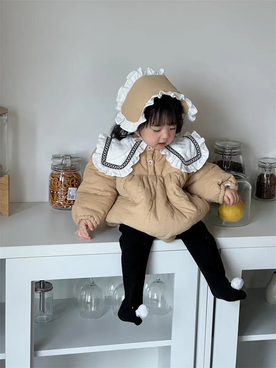 長袖ロンパース ベビーロンパース ビッグフリル襟パデッド長袖ボディスーツ+フリルヘッドドレス【mh0008416】