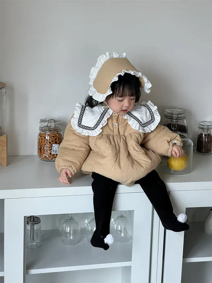 長袖ロンパース ベビーロンパース ビッグフリル襟パデッド長袖ボディスーツ+フリルヘッドドレス【mh0008416】