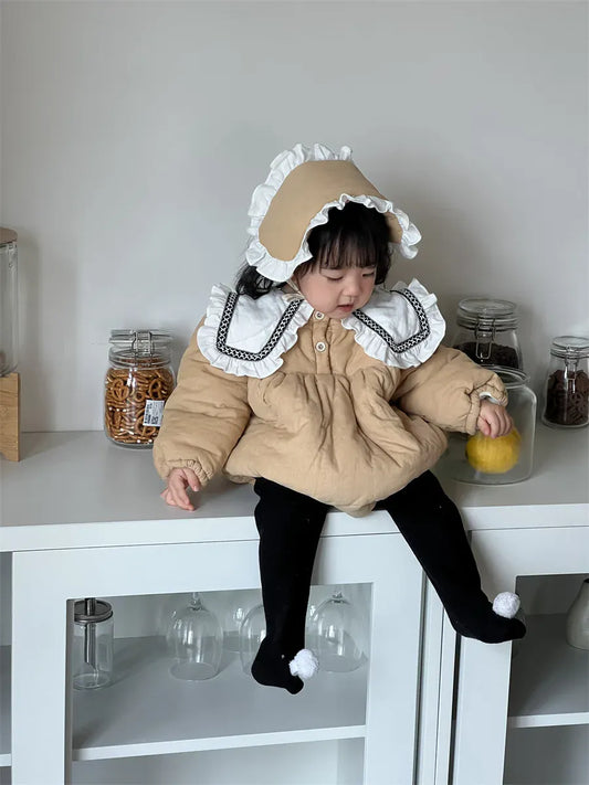 長袖ロンパース ベビーロンパース ビッグフリル襟パデッド長袖ボディスーツ+フリルヘッドドレス【mh0008416】