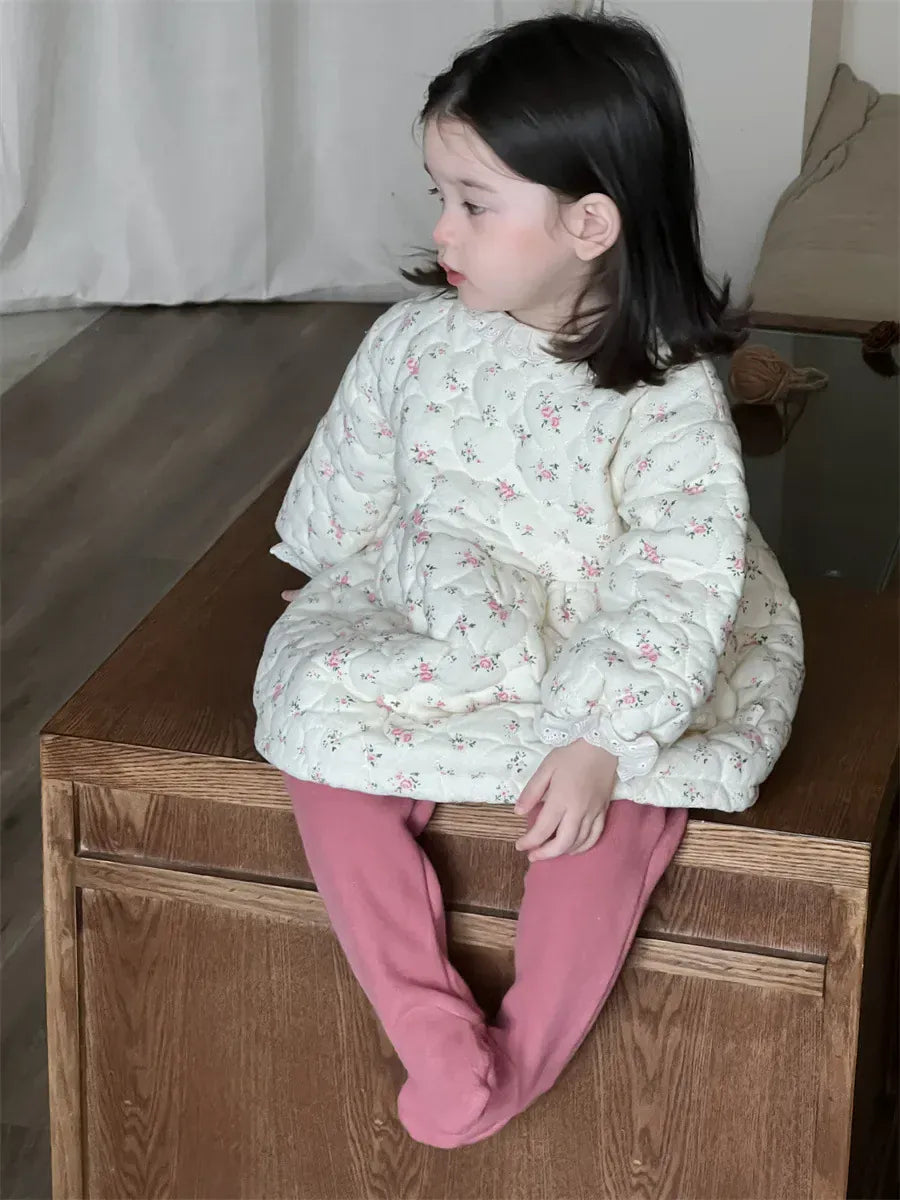 長袖ワンピース ベビーキッズワンピース フラワープリントキルティング長袖アウターワンピース【mh0008417】