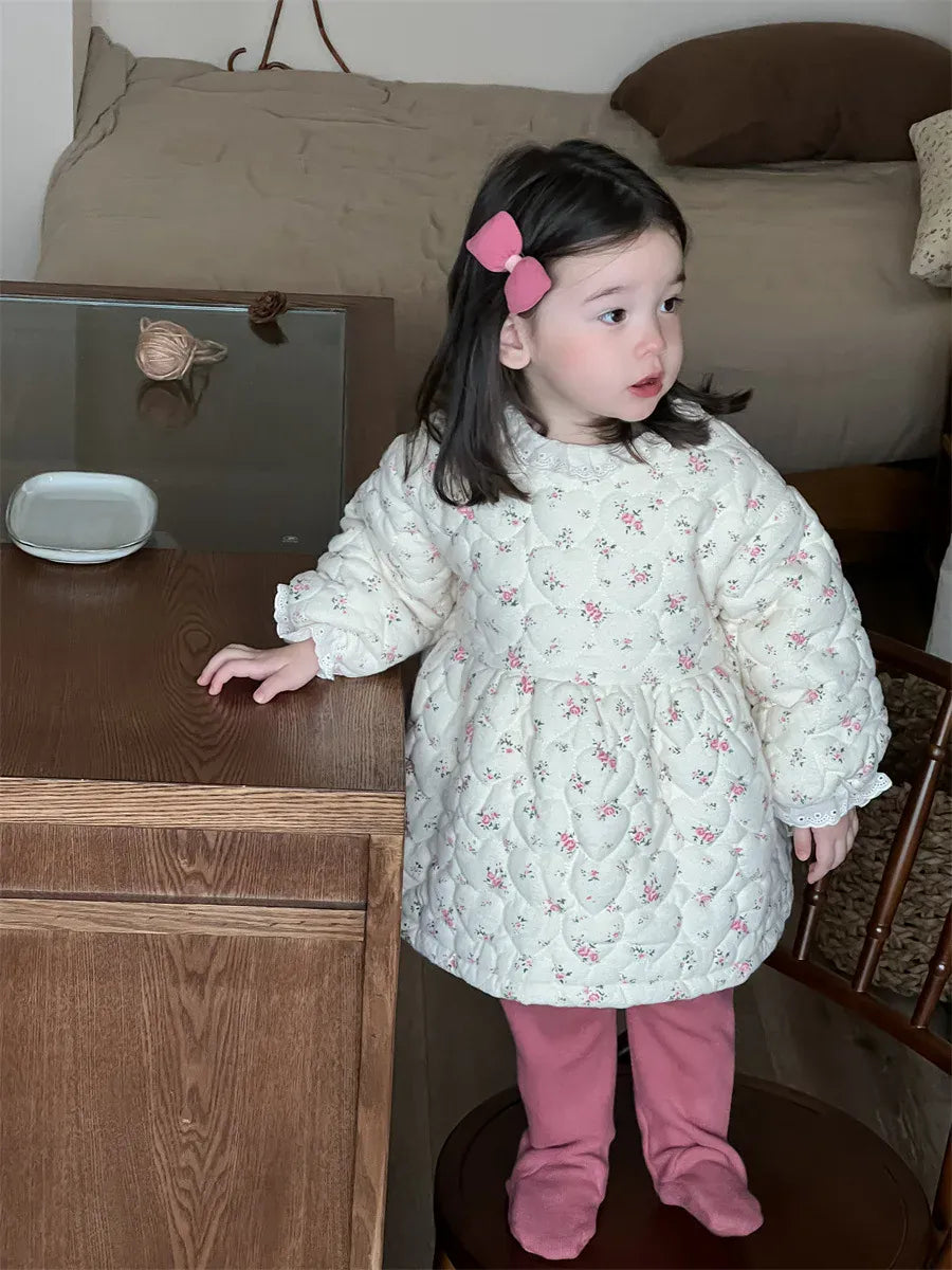 長袖ワンピース ベビーキッズワンピース フラワープリントキルティング長袖アウターワンピース【mh0008417】