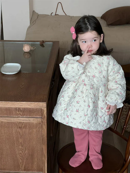 長袖ワンピース ベビーキッズワンピース フラワープリントキルティング長袖アウターワンピース【mh0008417】
