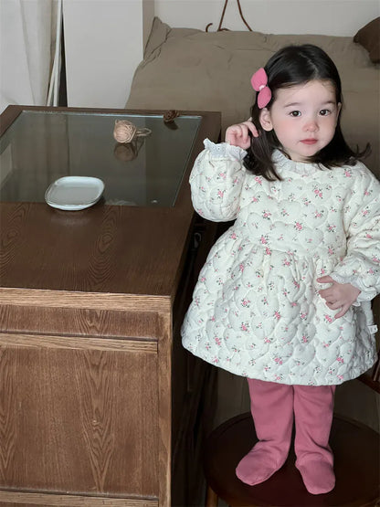 長袖ワンピース ベビーキッズワンピース フラワープリントキルティング長袖アウターワンピース【mh0008417】