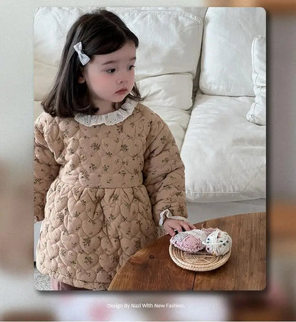 長袖ワンピース ベビーキッズワンピース フラワープリントキルティング長袖アウターワンピース【mh0008417】