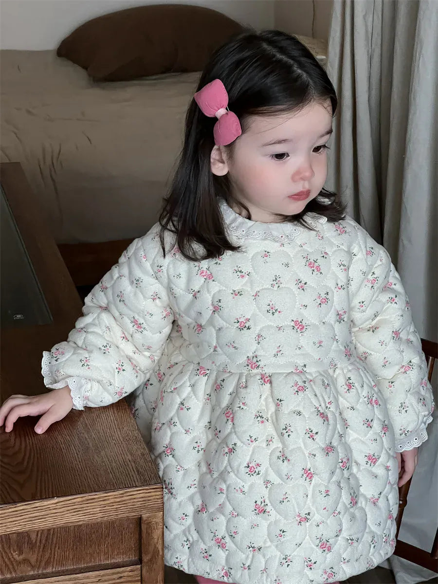 長袖ワンピース ベビーキッズワンピース フラワープリントキルティング長袖アウターワンピース【mh0008417】