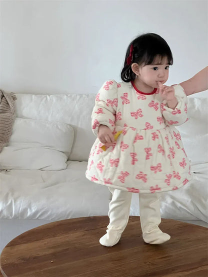 長袖ワンピース ベビーワンピース リボンプリントキルティングパデッド長袖パフスリーブアウターワンピース【mh0008421】