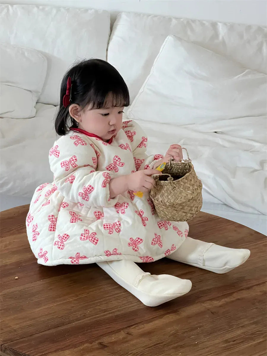 長袖ワンピース ベビーワンピース リボンプリントキルティングパデッド長袖パフスリーブアウターワンピース【mh0008421】