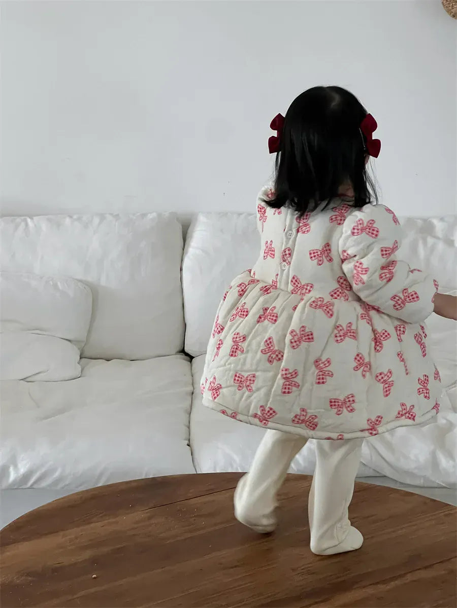 長袖ワンピース ベビーワンピース リボンプリントキルティングパデッド長袖パフスリーブアウターワンピース【mh0008421】
