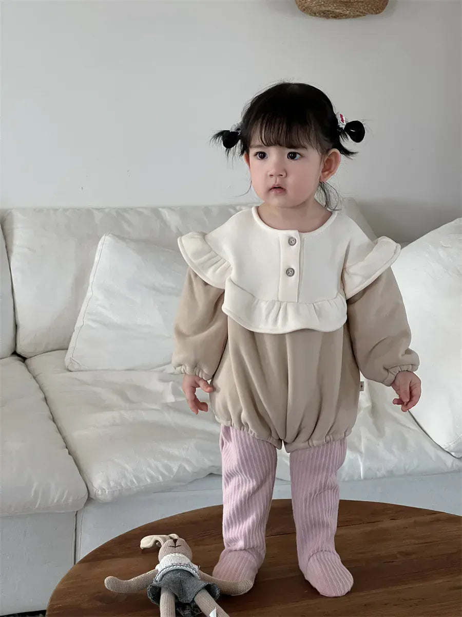 長袖ロンパース ベビーロンパース ビッグフリルフリース長袖ボディスーツ【mh0008423】