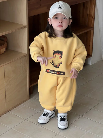 長袖セットアップ ベビーキッズトップス/パンツ ねこプリント裏フリース長袖スウェットトレーナー/ロングスウェットパンツ【mh0008426】