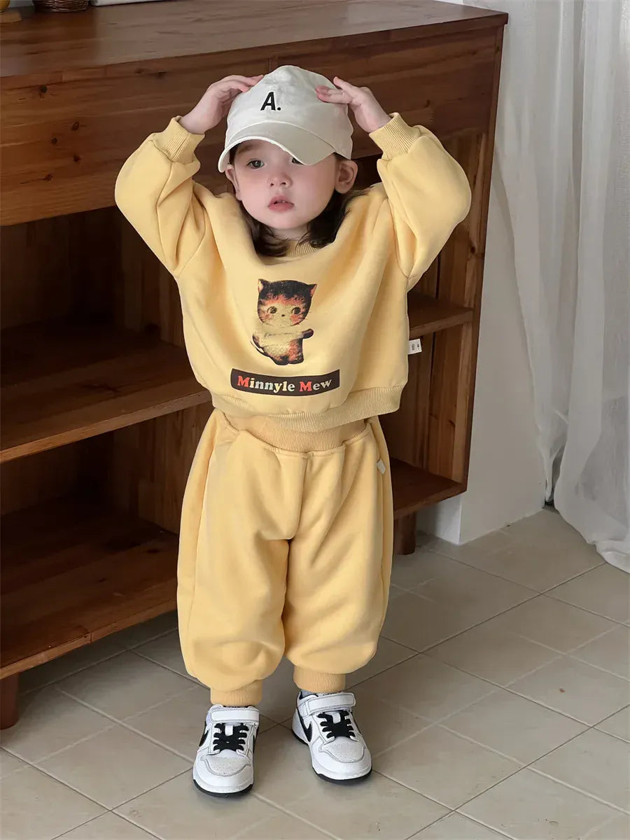 長袖セットアップ ベビーキッズトップス/パンツ ねこプリント裏フリース長袖スウェットトレーナー/ロングスウェットパンツ【mh0008426】