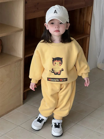長袖セットアップ ベビーキッズトップス/パンツ ねこプリント裏フリース長袖スウェットトレーナー/ロングスウェットパンツ【mh0008426】