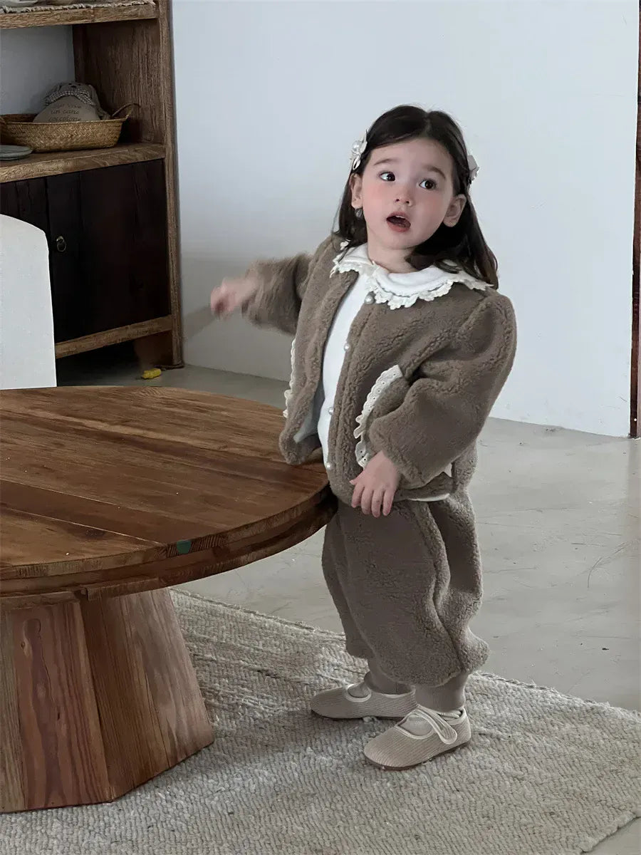 長袖セットアップ ベビートップス/パンツ ボアフリースレースフリルジャケット/ロングフリースパンツ【mh0008428】