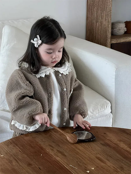 長袖セットアップ ベビートップス/パンツ ボアフリースレースフリルジャケット/ロングフリースパンツ【mh0008428】