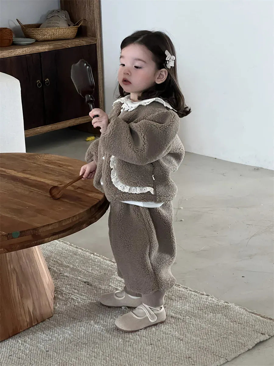 長袖セットアップ ベビートップス/パンツ ボアフリースレースフリルジャケット/ロングフリースパンツ【mh0008428】