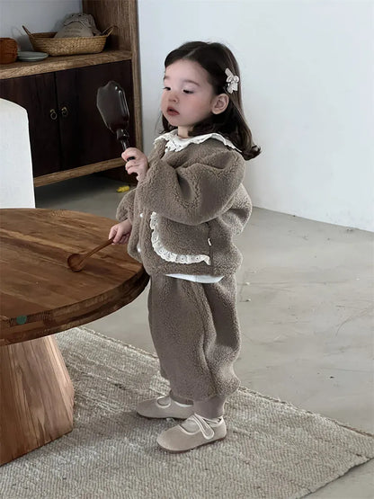 長袖セットアップ ベビートップス/パンツ ボアフリースレースフリルジャケット/ロングフリースパンツ【mh0008428】