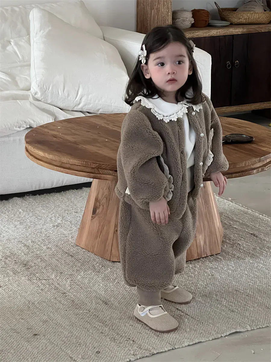 長袖セットアップ ベビートップス/パンツ ボアフリースレースフリルジャケット/ロングフリースパンツ【mh0008428】