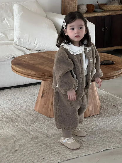 長袖セットアップ ベビートップス/パンツ ボアフリースレースフリルジャケット/ロングフリースパンツ【mh0008428】