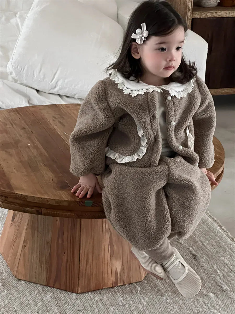 長袖セットアップ ベビートップス/パンツ ボアフリースレースフリルジャケット/ロングフリースパンツ【mh0008428】