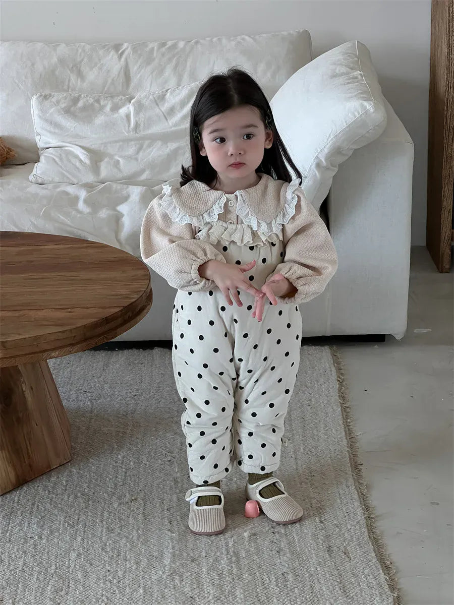 ノースリーブジャンプスーツ ベビージャンプスーツ 水玉ドットプリントパデッドサスペンダーサロペットパンツ【mh0008430】