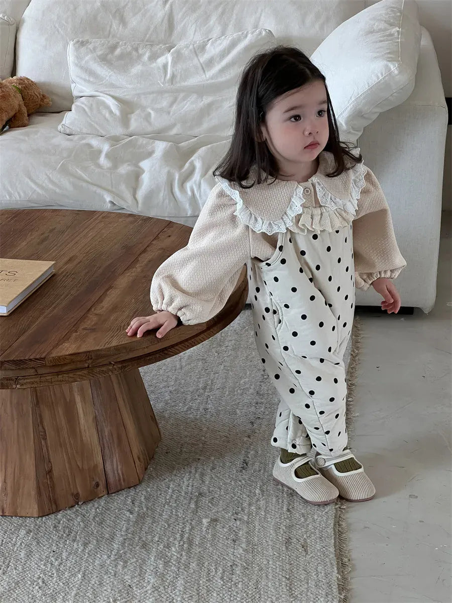 ノースリーブジャンプスーツ ベビージャンプスーツ 水玉ドットプリントパデッドサスペンダーサロペットパンツ【mh0008430】