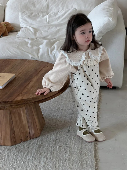 ノースリーブジャンプスーツ ベビージャンプスーツ 水玉ドットプリントパデッドサスペンダーサロペットパンツ【mh0008430】