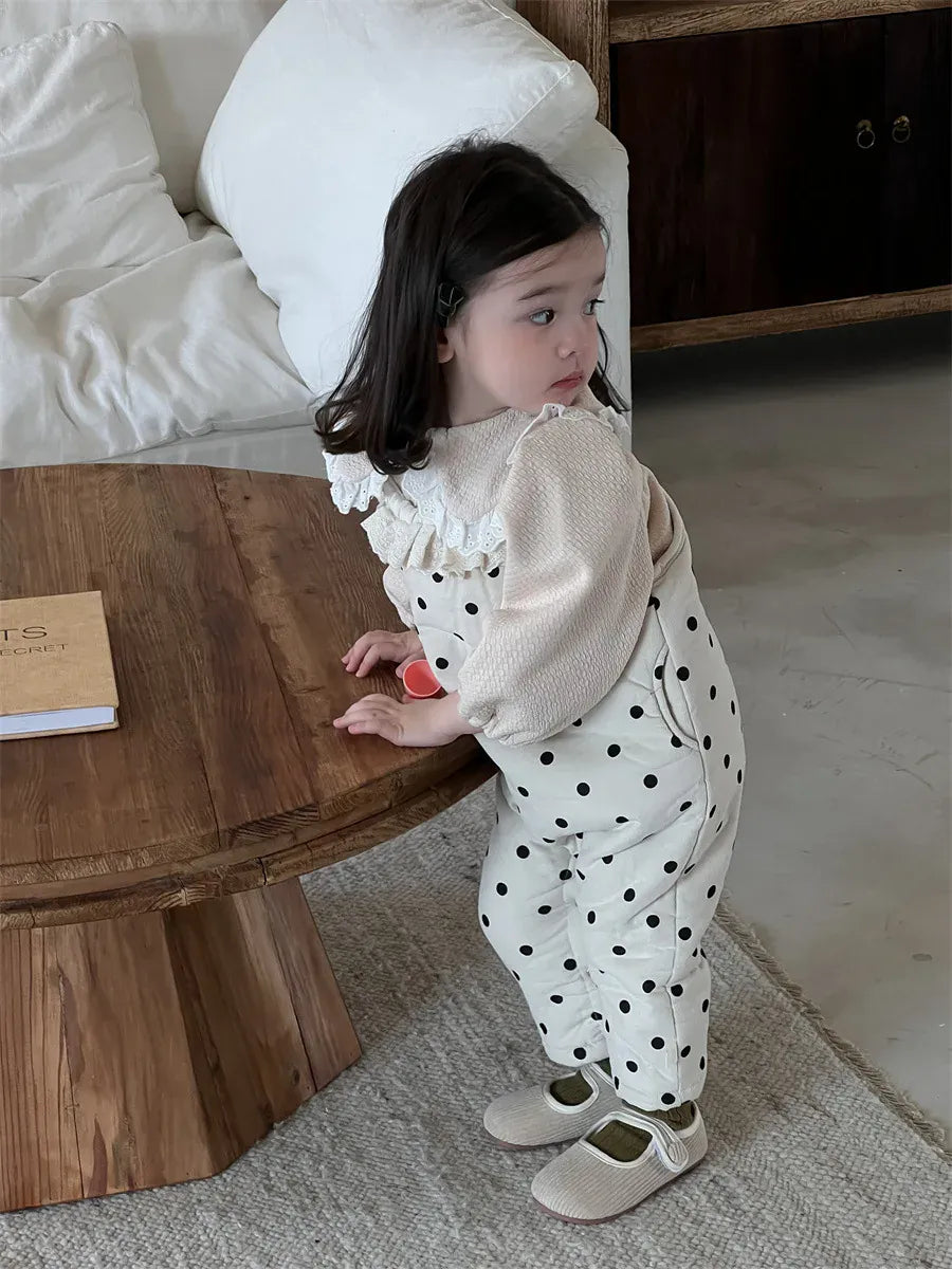 ノースリーブジャンプスーツ ベビージャンプスーツ 水玉ドットプリントパデッドサスペンダーサロペットパンツ【mh0008430】