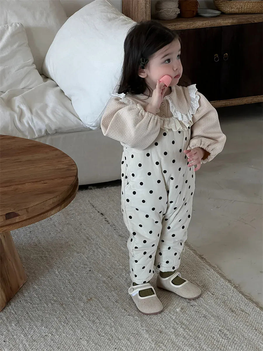 ノースリーブジャンプスーツ ベビージャンプスーツ 水玉ドットプリントパデッドサスペンダーサロペットパンツ【mh0008430】