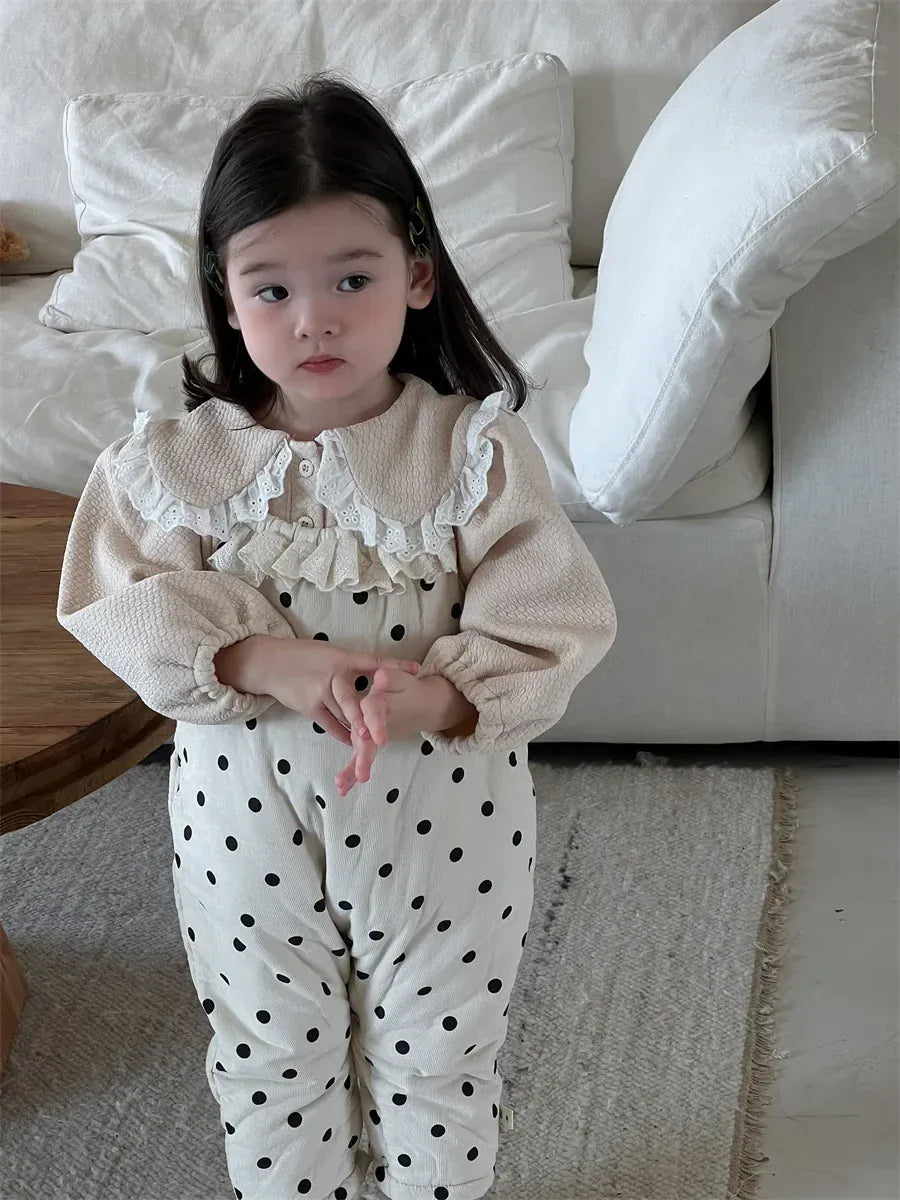 ノースリーブジャンプスーツ ベビージャンプスーツ 水玉ドットプリントパデッドサスペンダーサロペットパンツ【mh0008430】