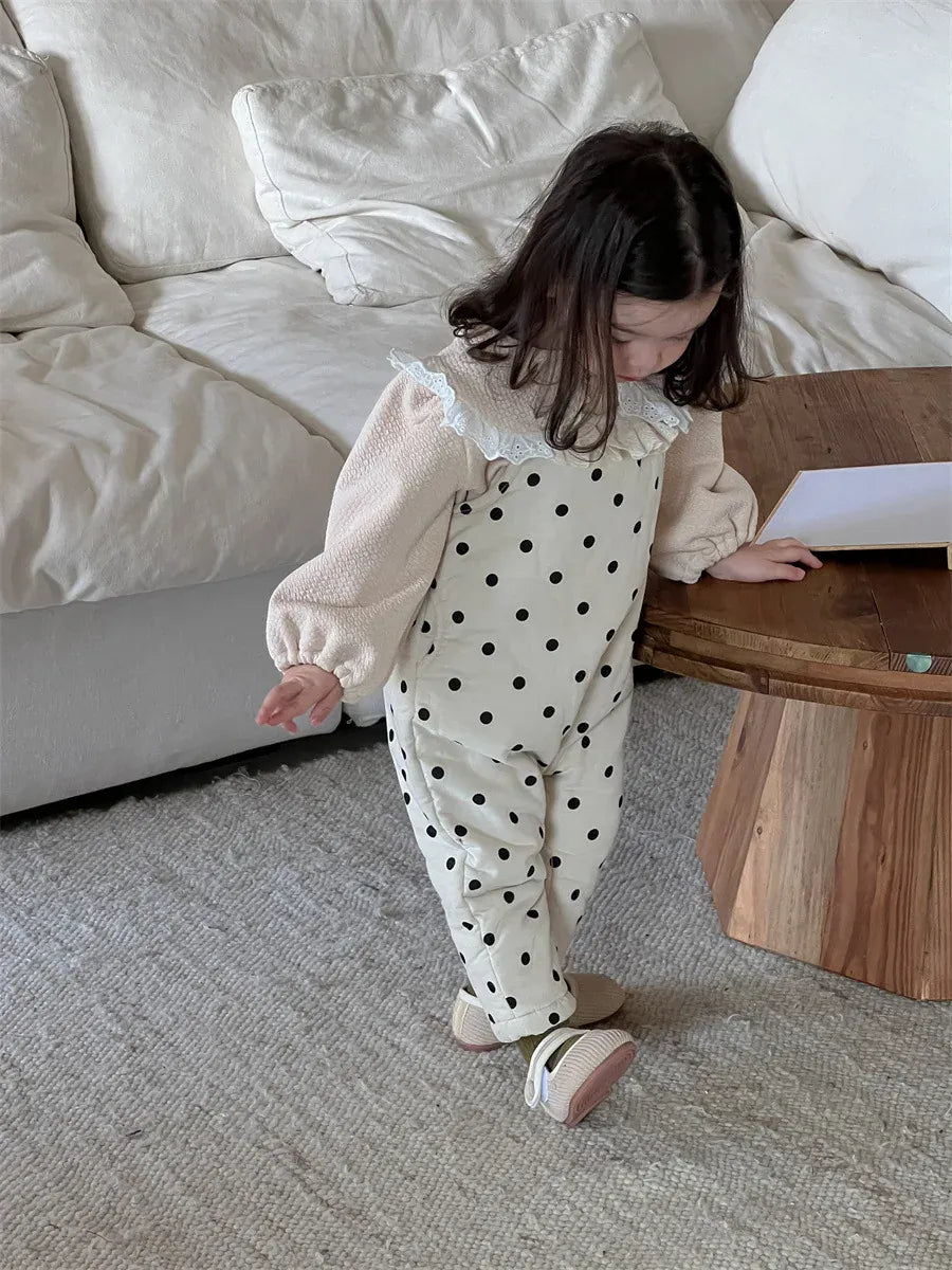 ノースリーブジャンプスーツ ベビージャンプスーツ 水玉ドットプリントパデッドサスペンダーサロペットパンツ【mh0008430】